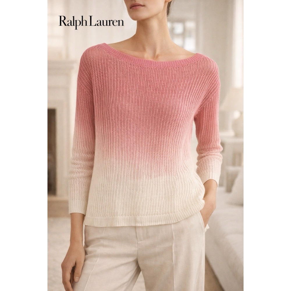 Lauren Ralph Lauren Pink Ombré Linen Cotton open Knit Sweater M Coastal Classic